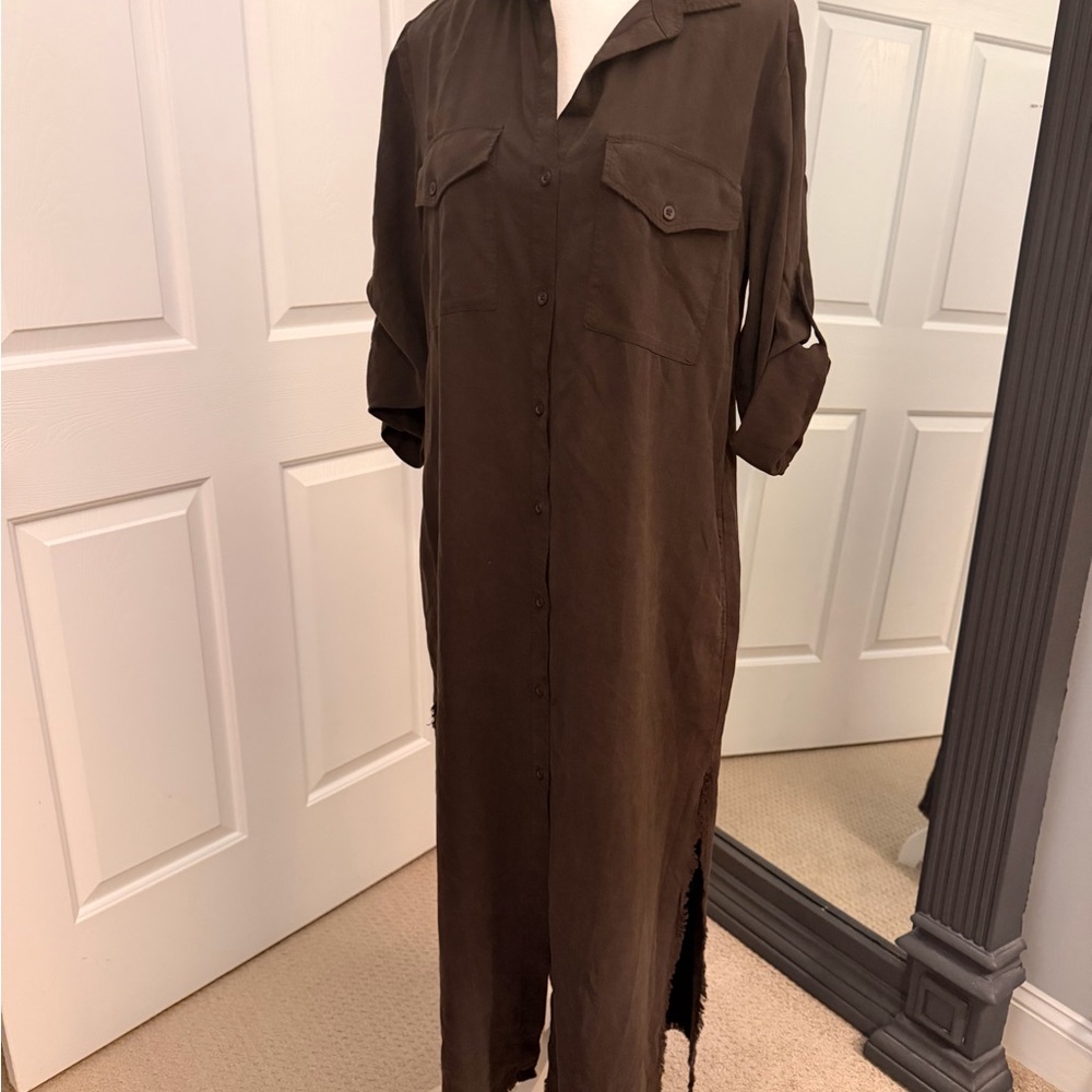 Bella Dahl Long Button-Front Shirt Dress in Dark Chocolate Brown NEW!